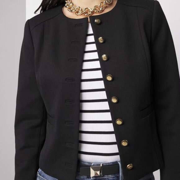 White House Black Market Cropped Luxe Stretch Jacket -Black w/ gold buttons Sz0 - Picture 2 of 5